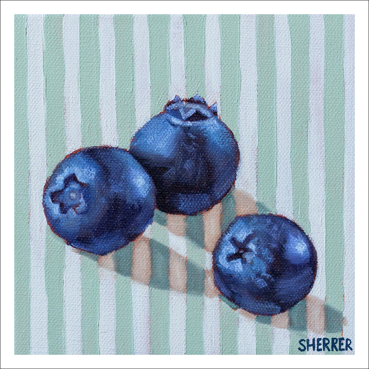 Blueberries on Mint Stripes fine art print by Caroline Sherrer, featuring three ripe blueberries resting on a mint green and white background.