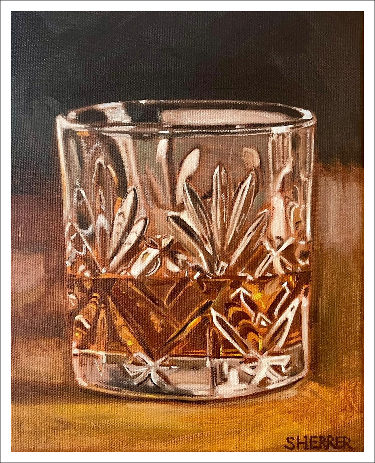 Whiskey fine art print by Caroline Sherrer, featuring a reflective cut-crystal whiskey glass with whiskey on a brown, black and gray background.