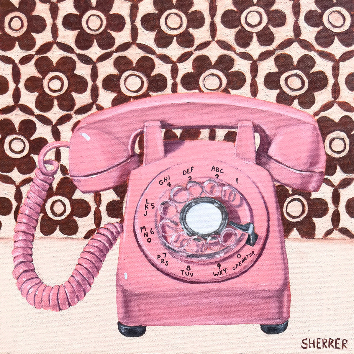 Rosy Ring, original oil painting by Caroline Sherrer, featuring a light pink vintage rotary phone on a dark maroon and white geometric patterned background. 