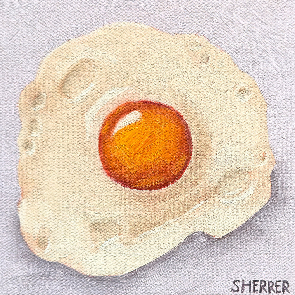 Over Easy I, original oil painting by Caroline Sherrer, featuring a sunny-side-up fried egg on a light purple background.