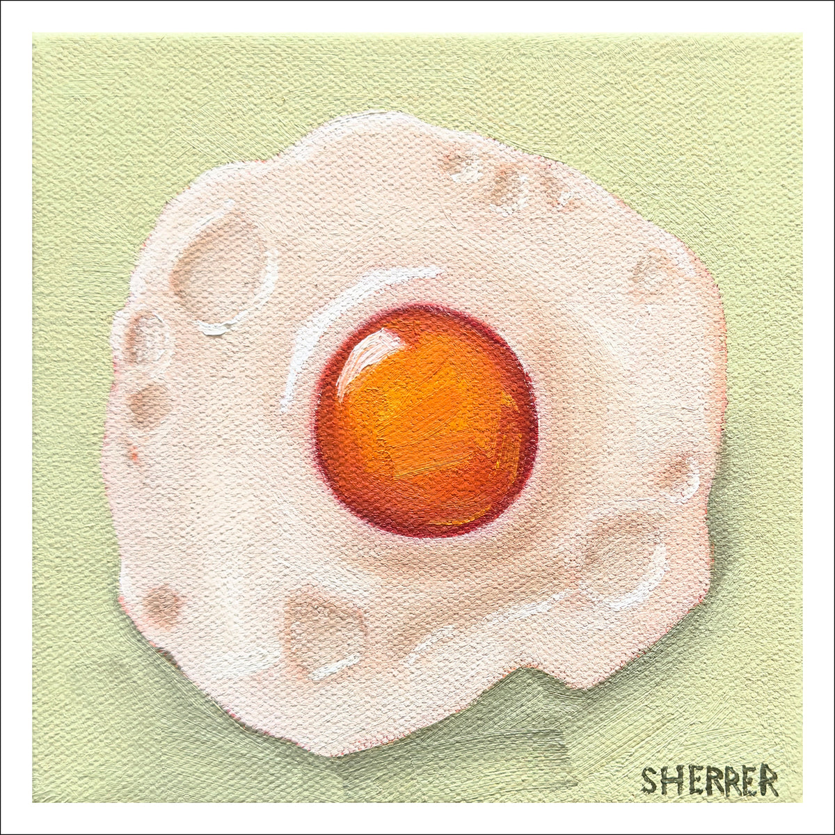 Fry-day fine art print by Caroline Sherrer, featuring a sunny-side-up fried egg on a green background.