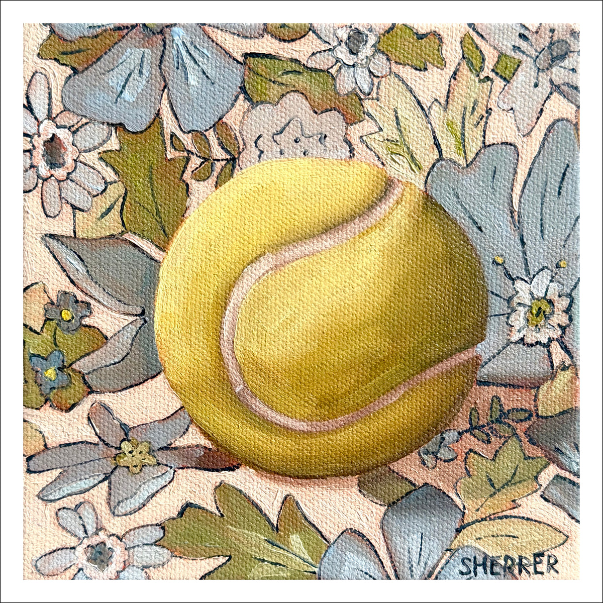 Ad In fine art print by Caroline Sherrer, featuring one yellow-green tennis ball on a blue, cream, and tan floral textile background.