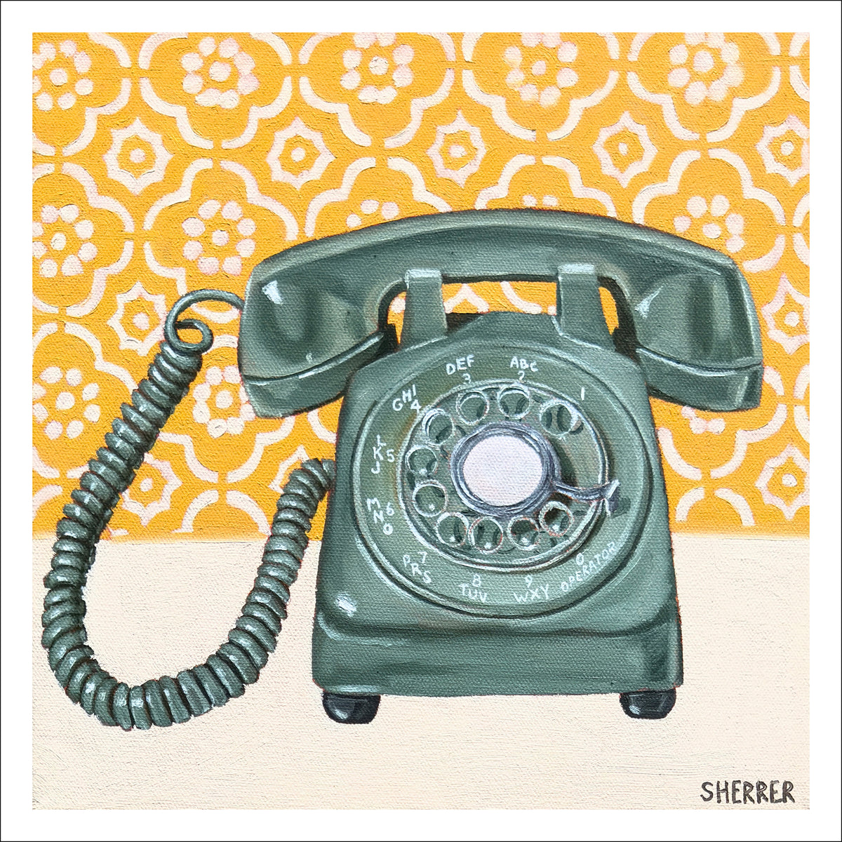 Good News fine art print by Caroline Sherrer, featuring a greenish teal vintage rotary phone on a yellow and white geometric patterned background. 