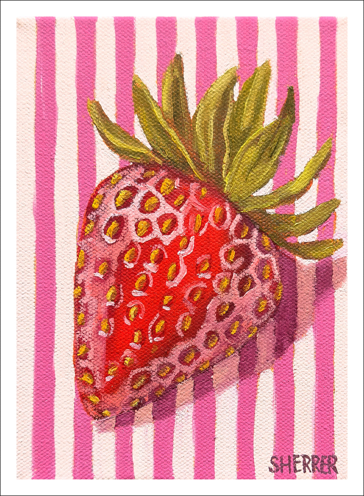 Simple Pleasures fine art print by Caroline Sherrer, featuring one red strawberry with green leaves on a pink and white striped background.