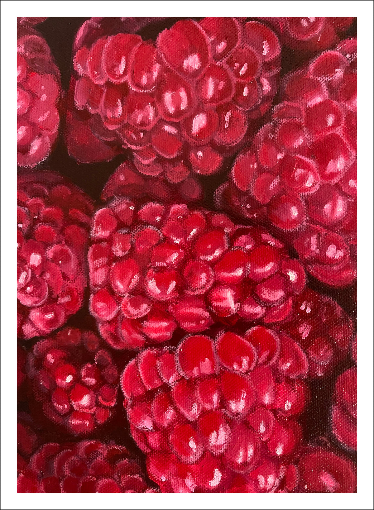Raspberries fine art print by Caroline Sherrer, featuring a close up of scattered ripe raspberries.