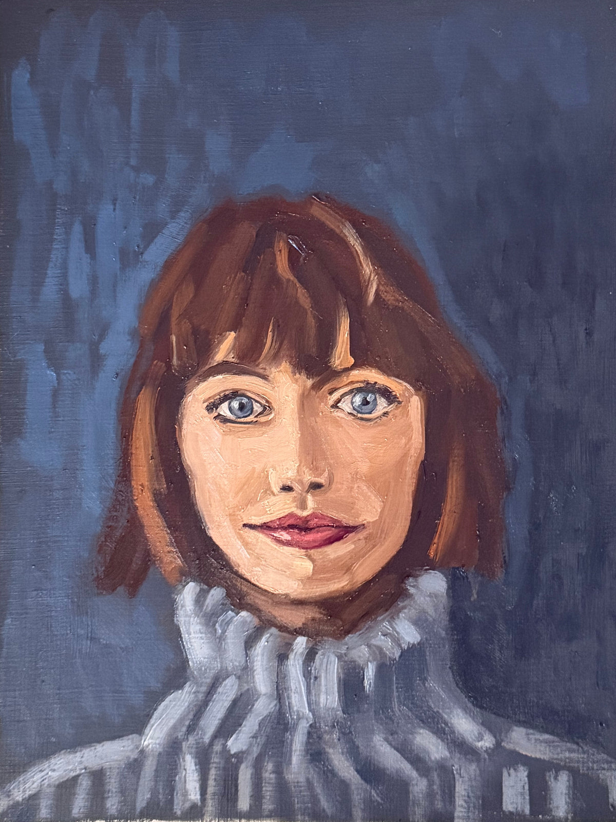 Sweater weather, original oil painting by Caroline Sherrer, featuring a portrait of a woman in a blue striped turtle neck sweater. The portait shows her head and shoulders and has a dark blue background with some lighter blue texture.