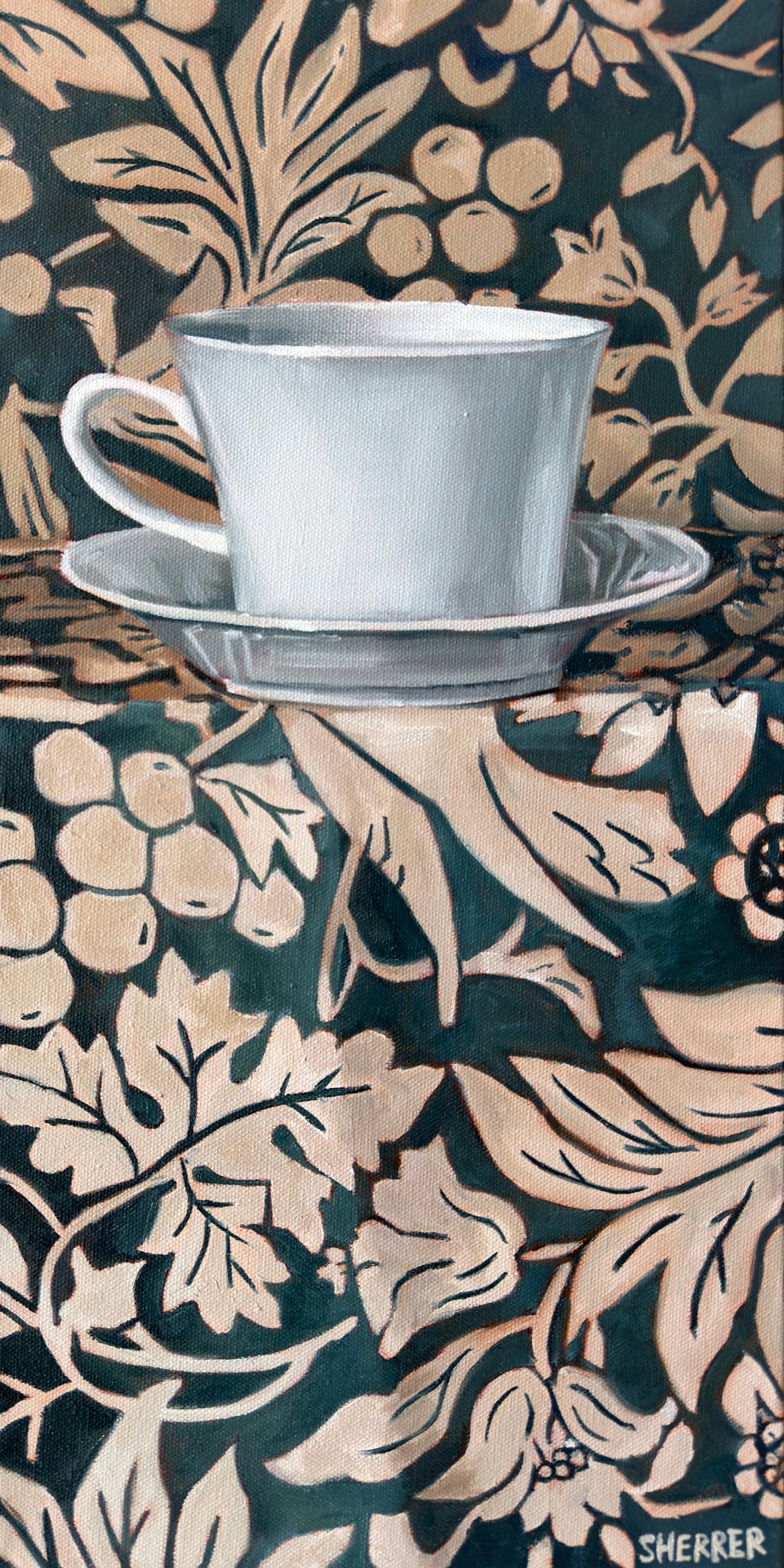 Coffee Hour, original oil painting by Caroline Sherrer, featuring a white coffee cup and saucer on a dark blue floral pattern.