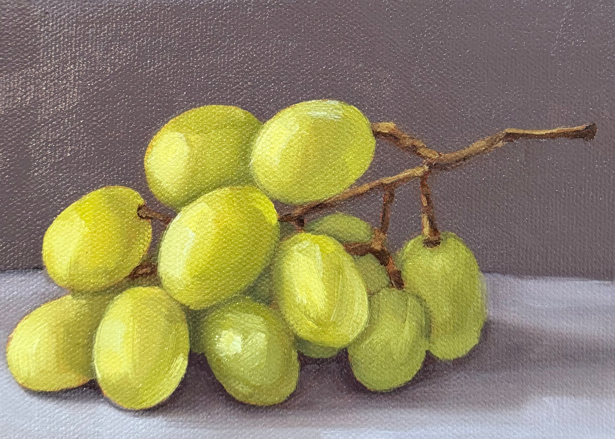 Abundance, original oil painting by Caroline Sherrer, featuring a cluster of green grapes on a purplish charcoal background.