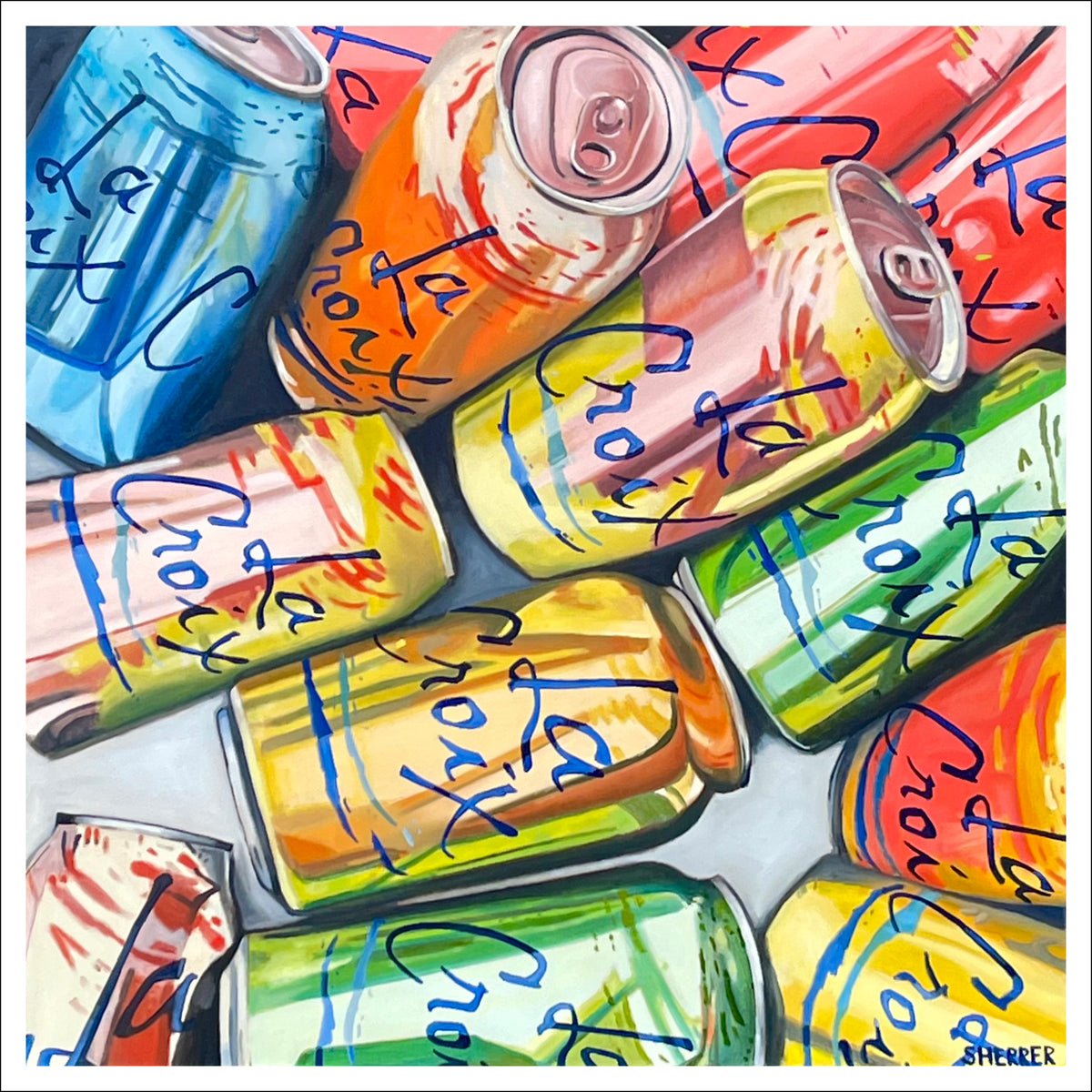 La Croix fine art print by Caroline Sherrer, featuring colorful La Croix cans scattered across the page. The La Croix cans are a mix of flavors including coconut, lime, plain, and berry flavors.