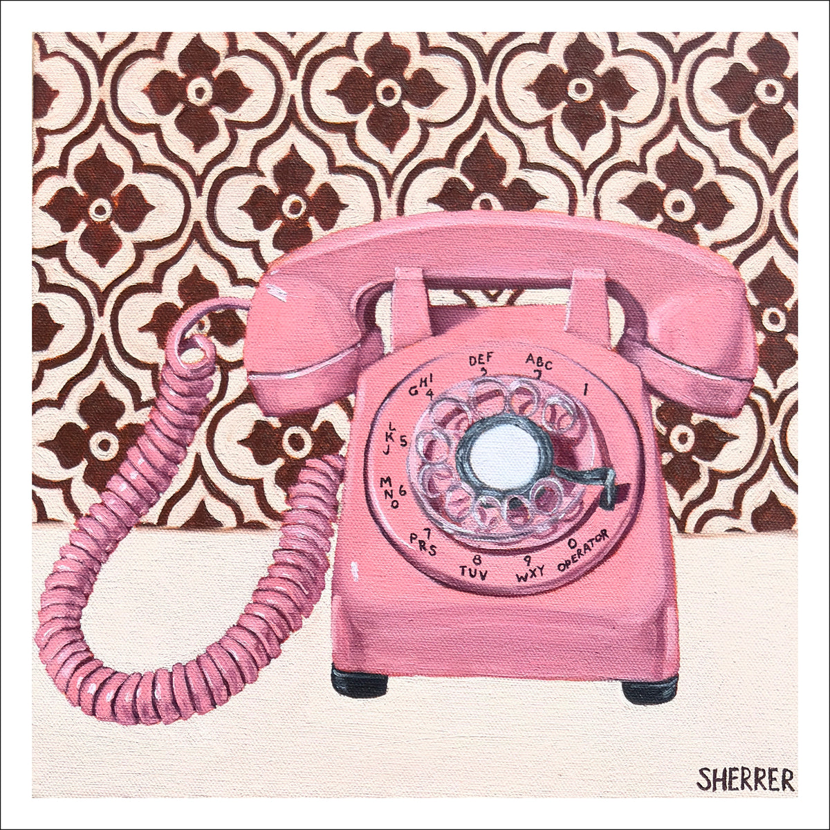 The Hotline fine art print by Caroline Sherrer, featuring a light pink vintage rotary phone on a dark maroon and white geometric patterned background. 