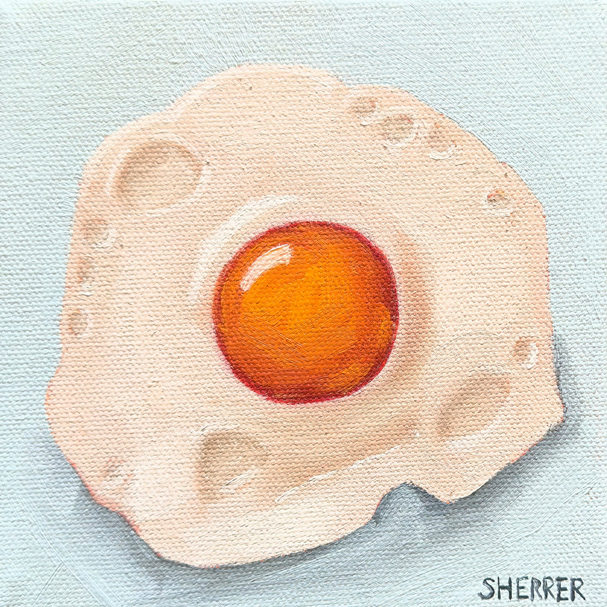 Sunny Side II, original oil painting by Caroline Sherrer, featuring a sunny-side-up fried egg on a blue background.