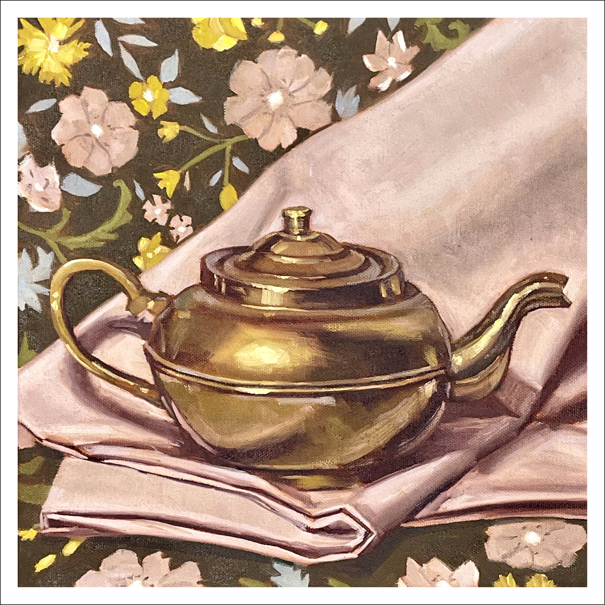 Kettle on Florals fine art print by Caroline Sherrer, featuring a polished brass kettle resting on a folded mauve napkin. The kettle and napkin sit on top of a brown background decorated with a yellow, pink, blue and green floral and botanical pattern.