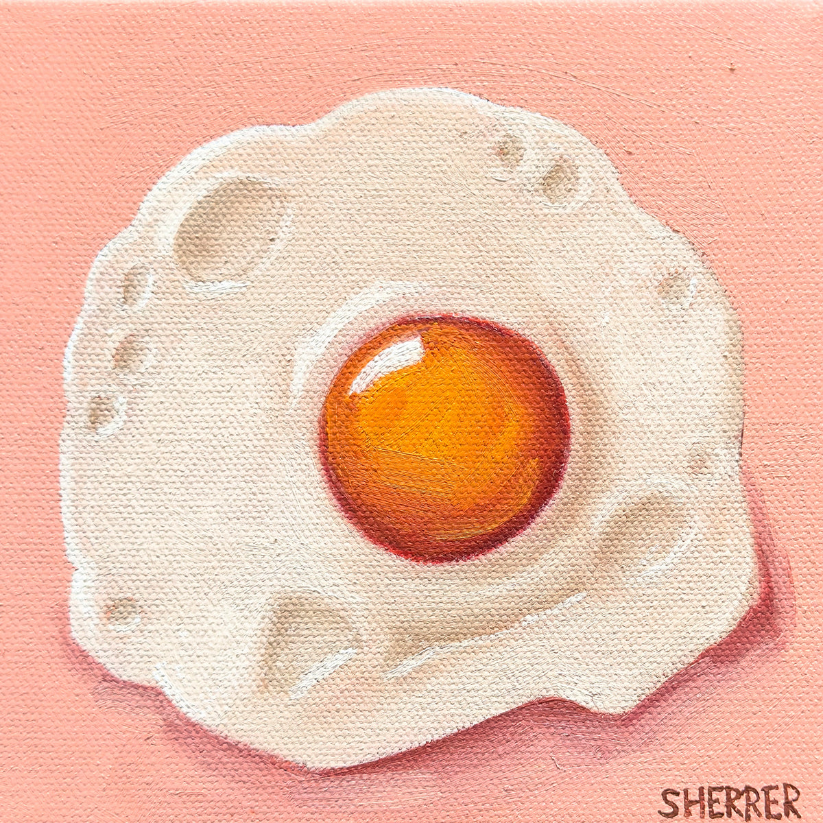 Over Easy II, original oil painting by Caroline Sherrer, featuring a sunny-side-up fried egg on a light pink background.