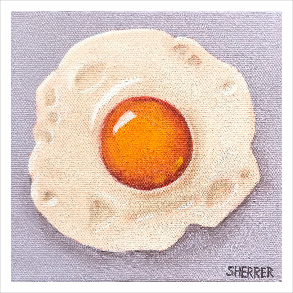 Fry Me to the Moon fine art print by Caroline Sherrer, featuring a sunny-side-up fried egg on a dark purple background.