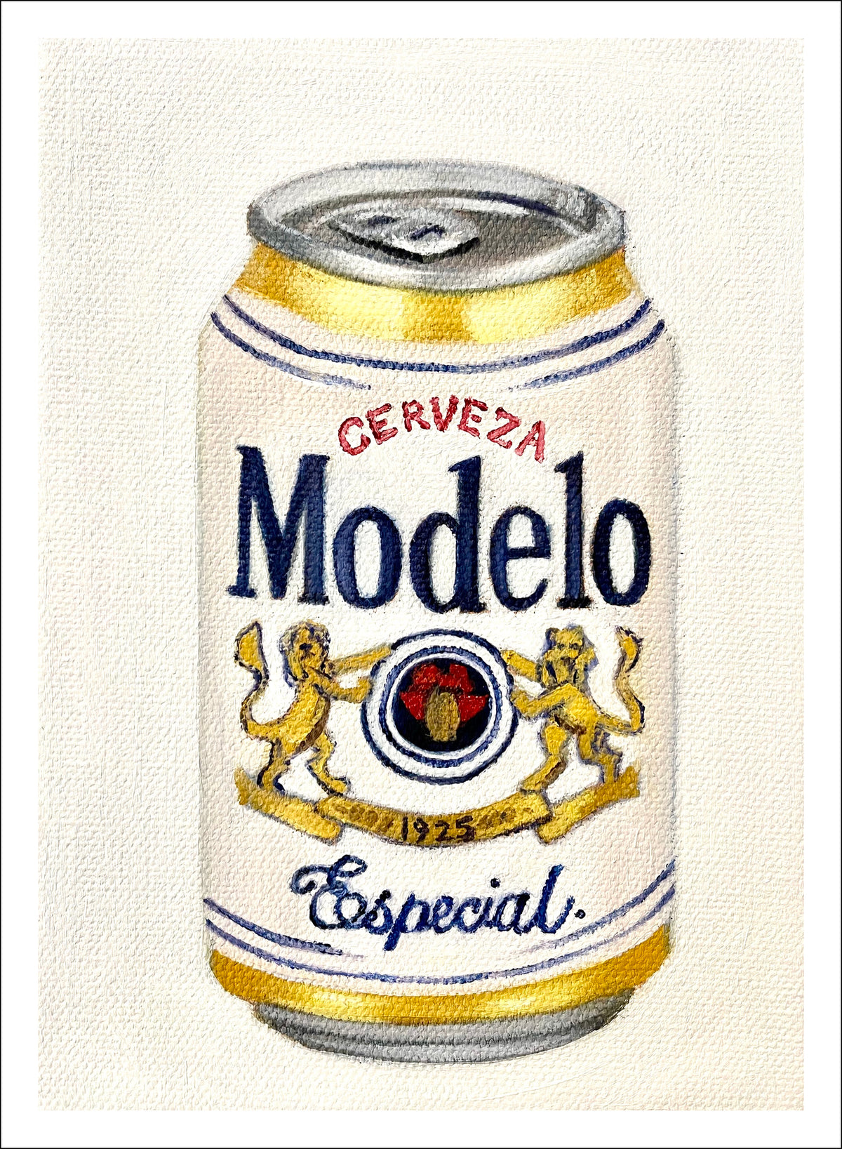 Modelo fine art print by Caroline Sherrer, featuring a Modelo beer can sitting on a plain white background.
