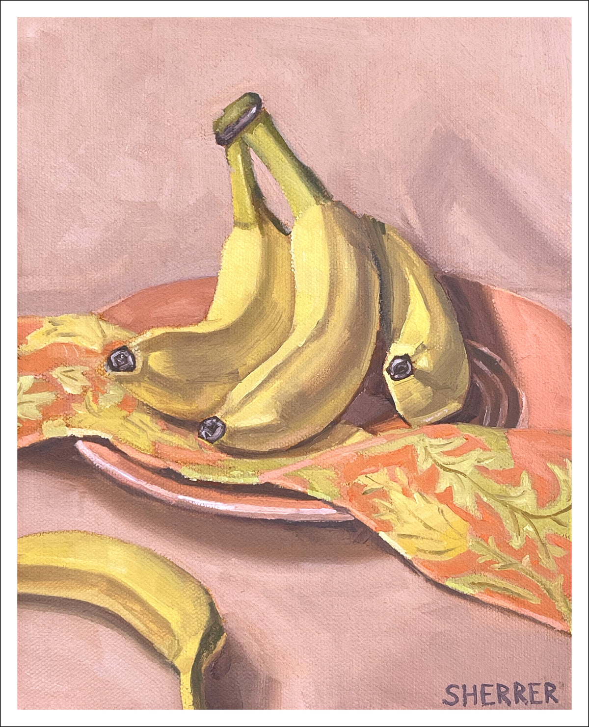 Bananas and Botanicals fine art print by Caroline Sherrer, featuring painted bananas resting on a pink plate that is draped with a pink, green and yellow napkin. The bananas and plate sit on a mauve background.