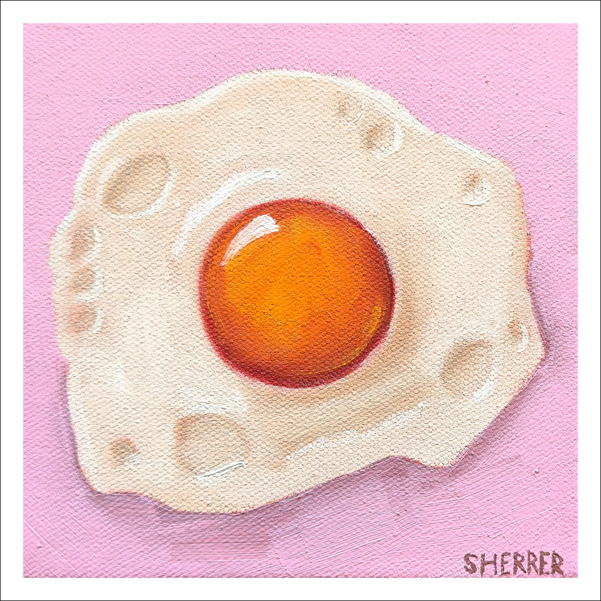 Egg Static fine art print by Caroline Sherrer, featuring a sunny-side-up fried egg on a fuschia background.