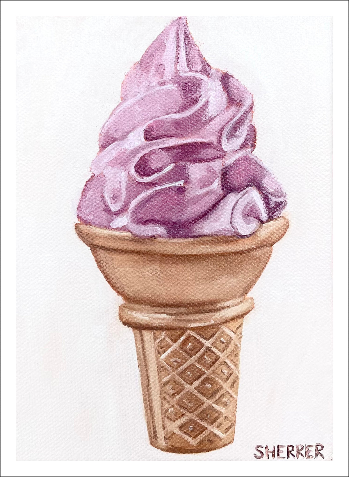 Ice Cream Purple fine art print by Caroline Sherrer, featuring a nostalgic berry flavored ice cream cone served as a swirl.