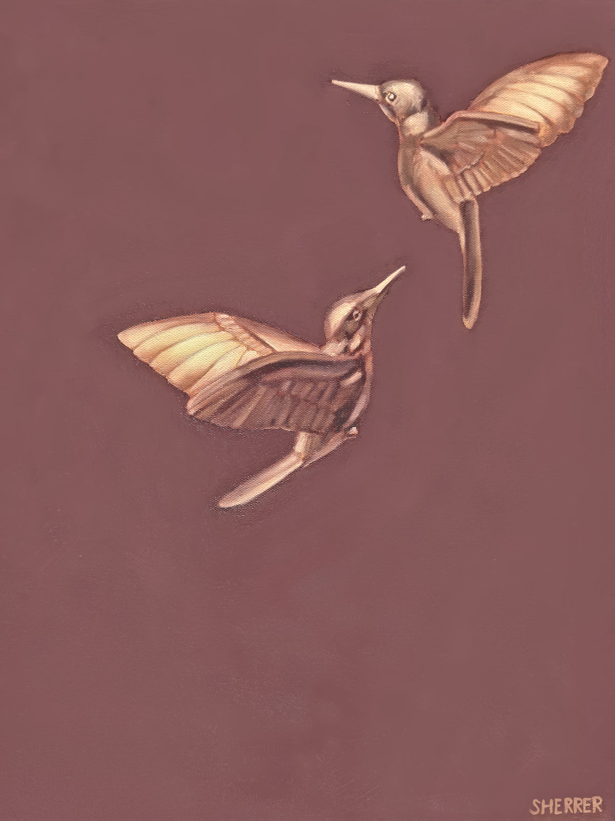 Suspended in Maroon II, original oil painting by Caroline Sherrer, featuring two brass hummingbirds in flight against a dark maroon background. 