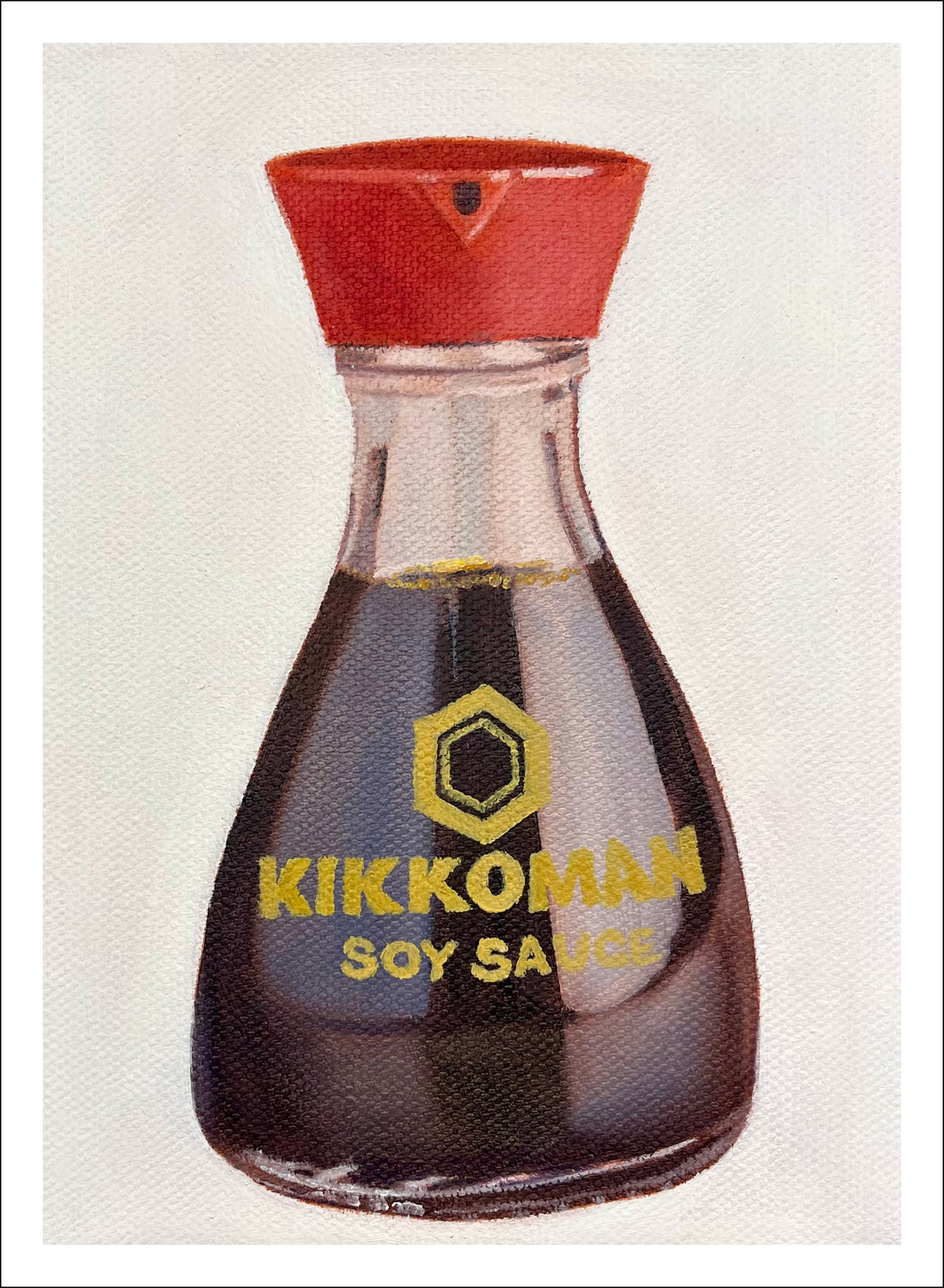 Soy Sauce fine art print by Caroline Sherrer, featuring a classic Kikkoman soy sauce bottle sitting on a white background.