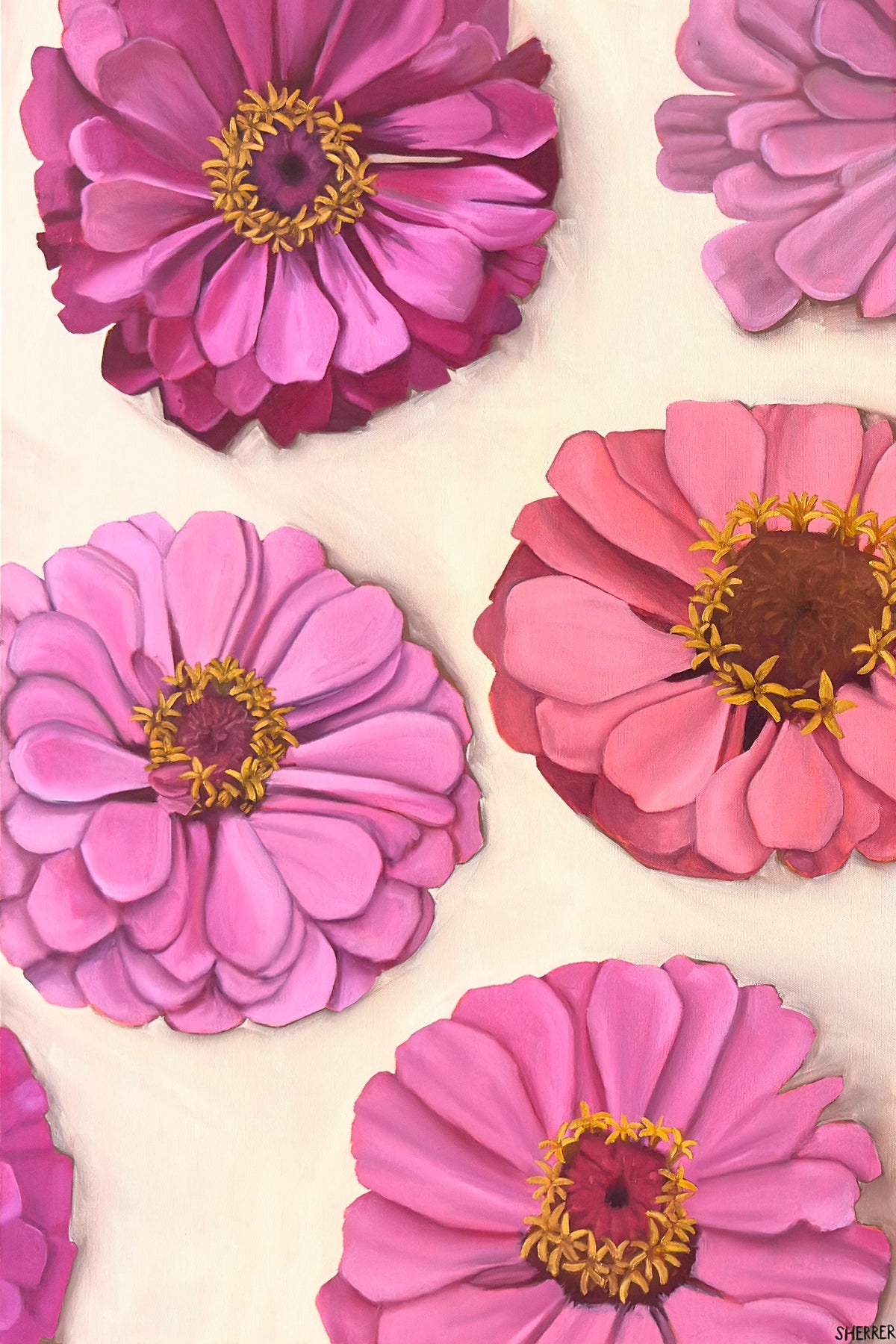 Garden Party II, original oil painting by Caroline Sherrer, featuring layered zinnia blossoms scattered across a tan background. The zinnias cast a soft shadow onto the background.