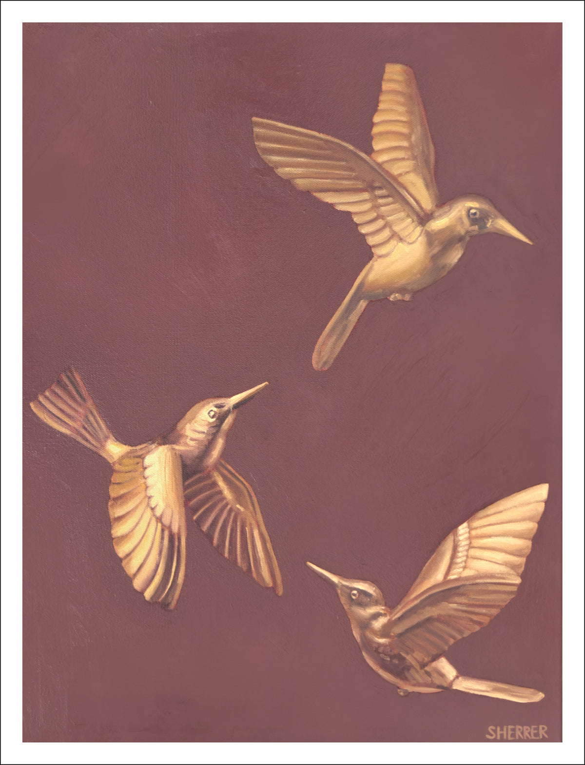 Suspended in Maroon I fine art print by Caroline Sherrer, featuring three brass hummingbirds in flight against a dark maroon background. 