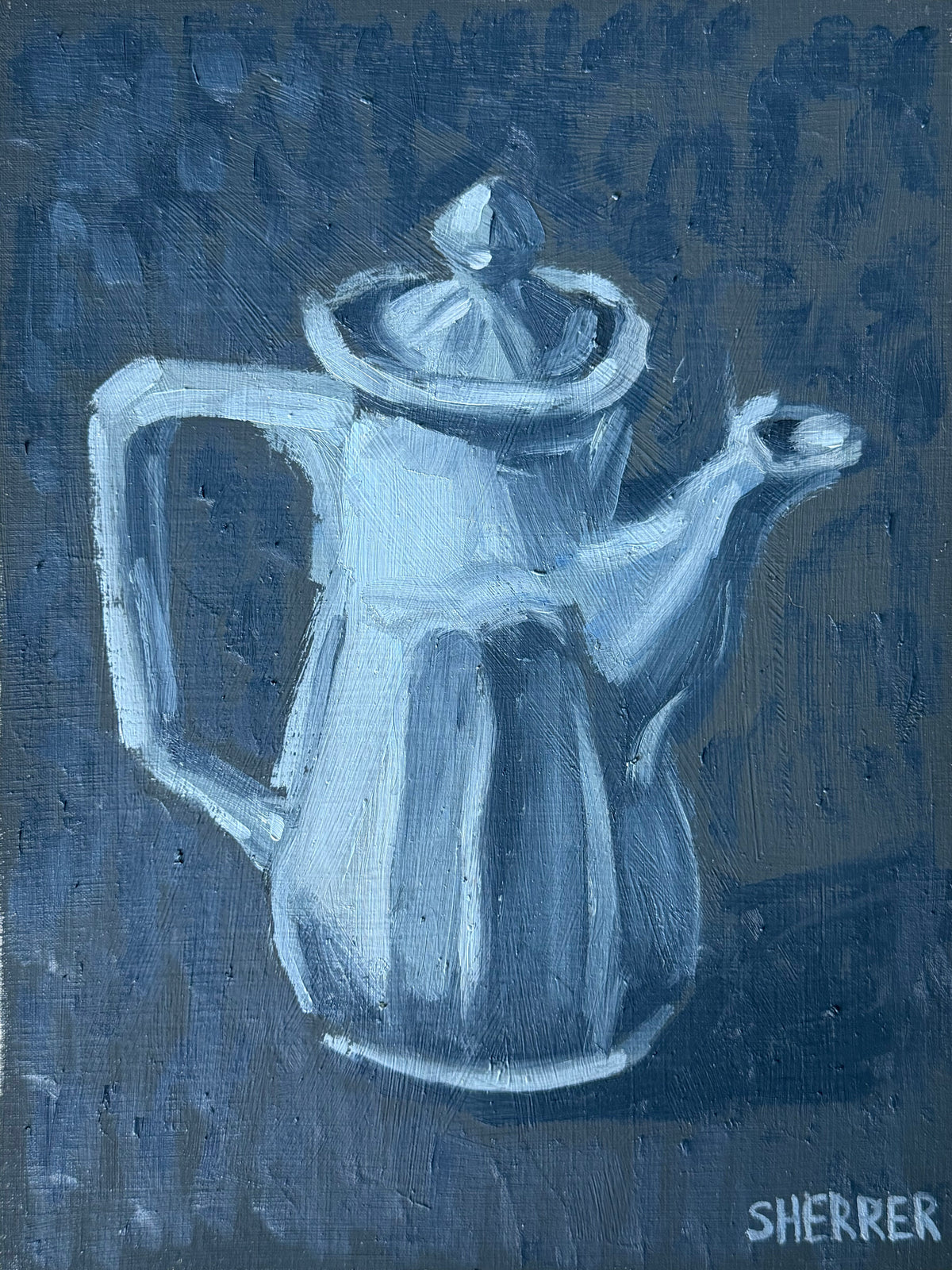 Feeling Blue, original oil painting by Caroline Sherrer, featuring a cream ceramic vessel with a spout and handle. The background is dark blue.