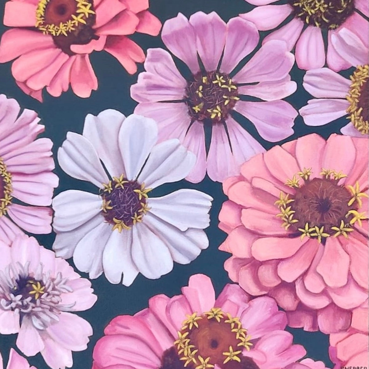 Hidden Garden I, original oil painting by Caroline Sherrer, featuring layered pink, purple and white zinnia blossoms scattered across a dark green background.