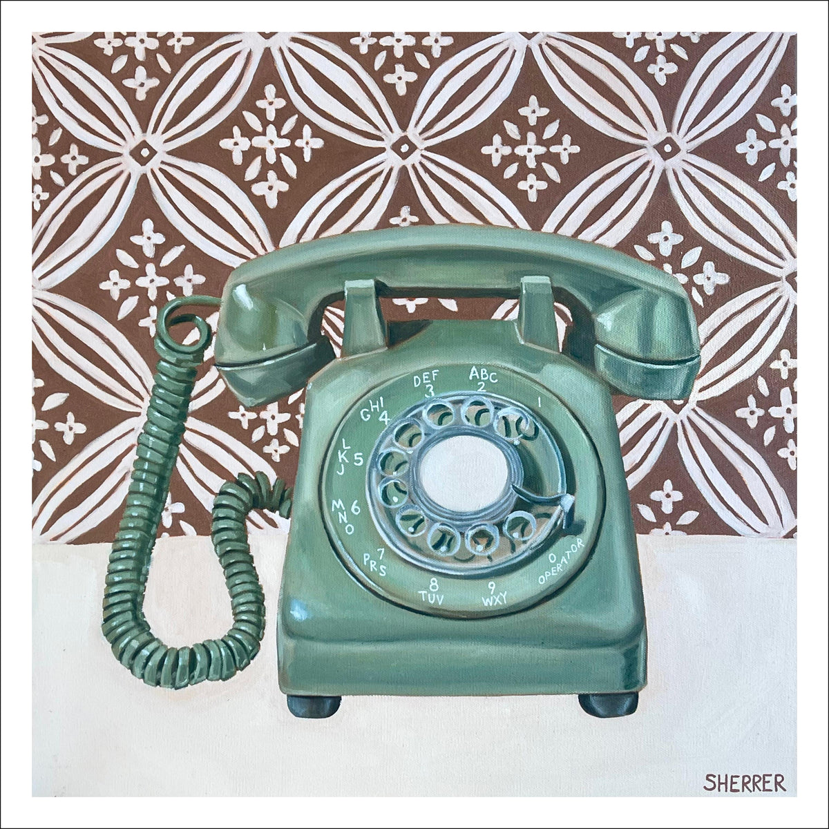 Green Phone Brown Pattern fine art print by Caroline Sherrer, featuring a green vintage rotary phone on a brown and white geometric patterned background.