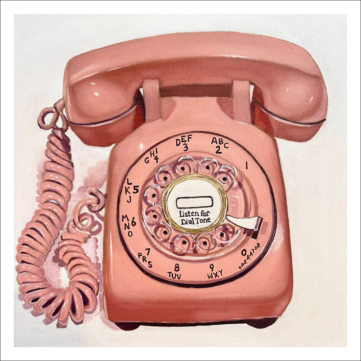 Mauve Phone fine art print by Caroline Sherrer, featuring a mauve vintage rotary phone on a warm white background.
