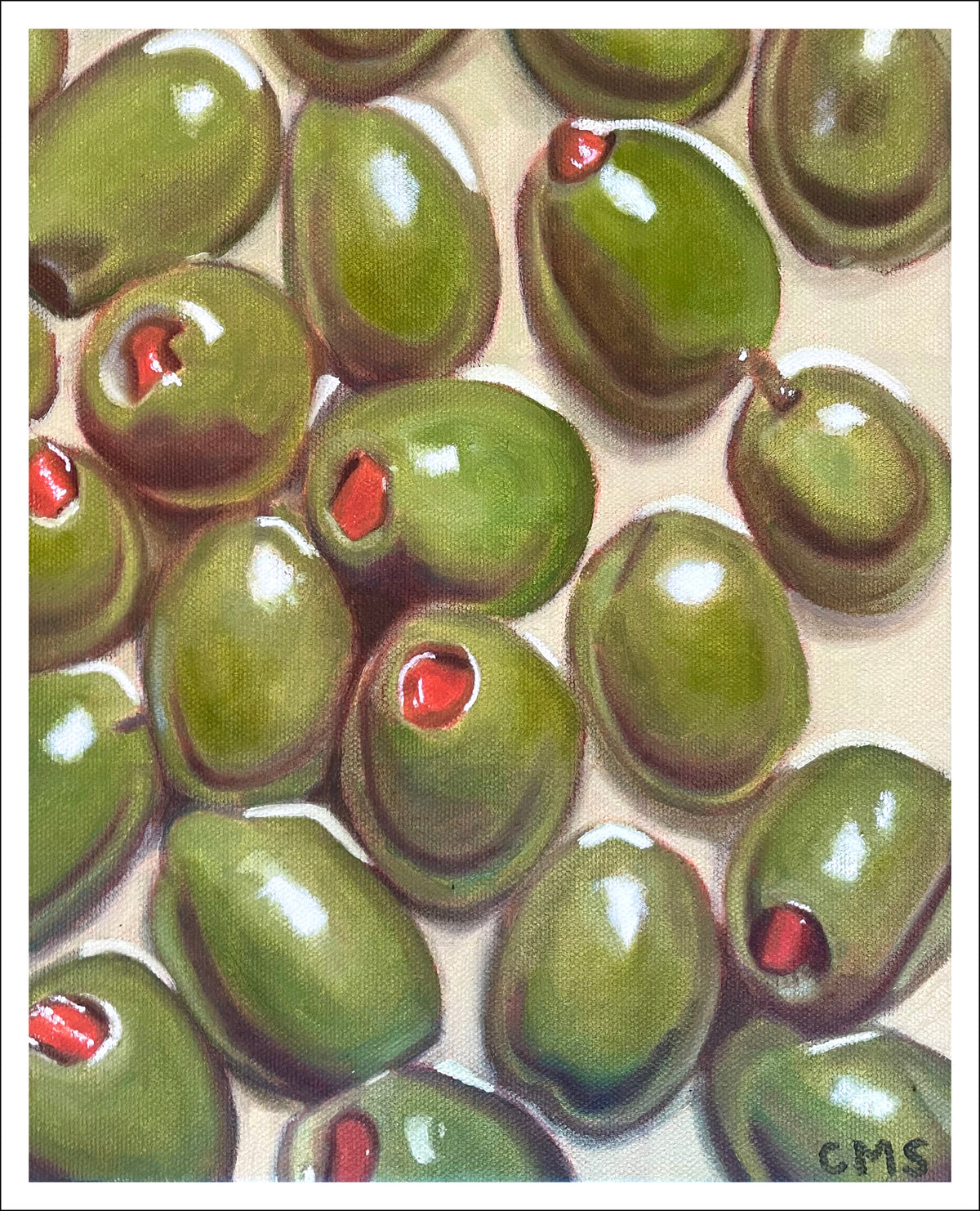 Olives Large fine art print by Caroline Sherrer, featuring glossy green olives scattered across the page.