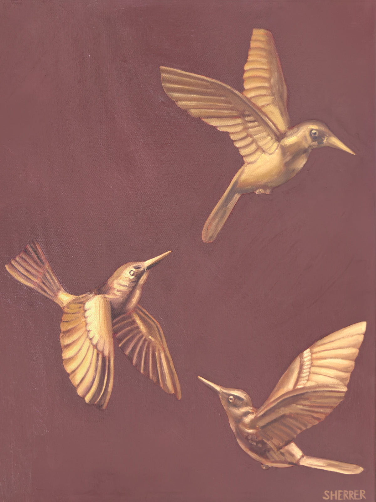 Suspended in Maroon I, original oil painting by Caroline Sherrer, featuring three brass hummingbirds in flight against a dark maroon background. 