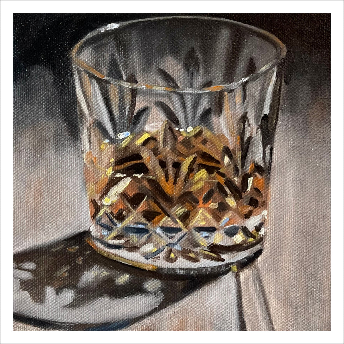 Whiskey II fine art print by Caroline Sherrer, featuring a reflective cut-crystal whiskey glass on a black and gray background.
