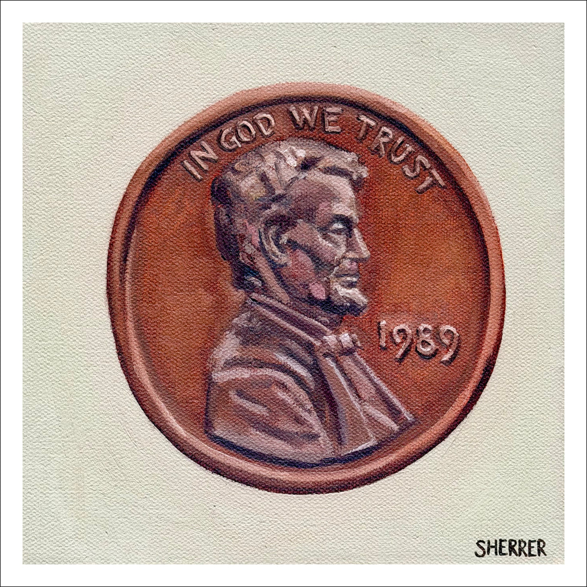 Penny fine art print by Caroline Sherrer, featuring a painted copper Lincoln penny on a muted mint green background.