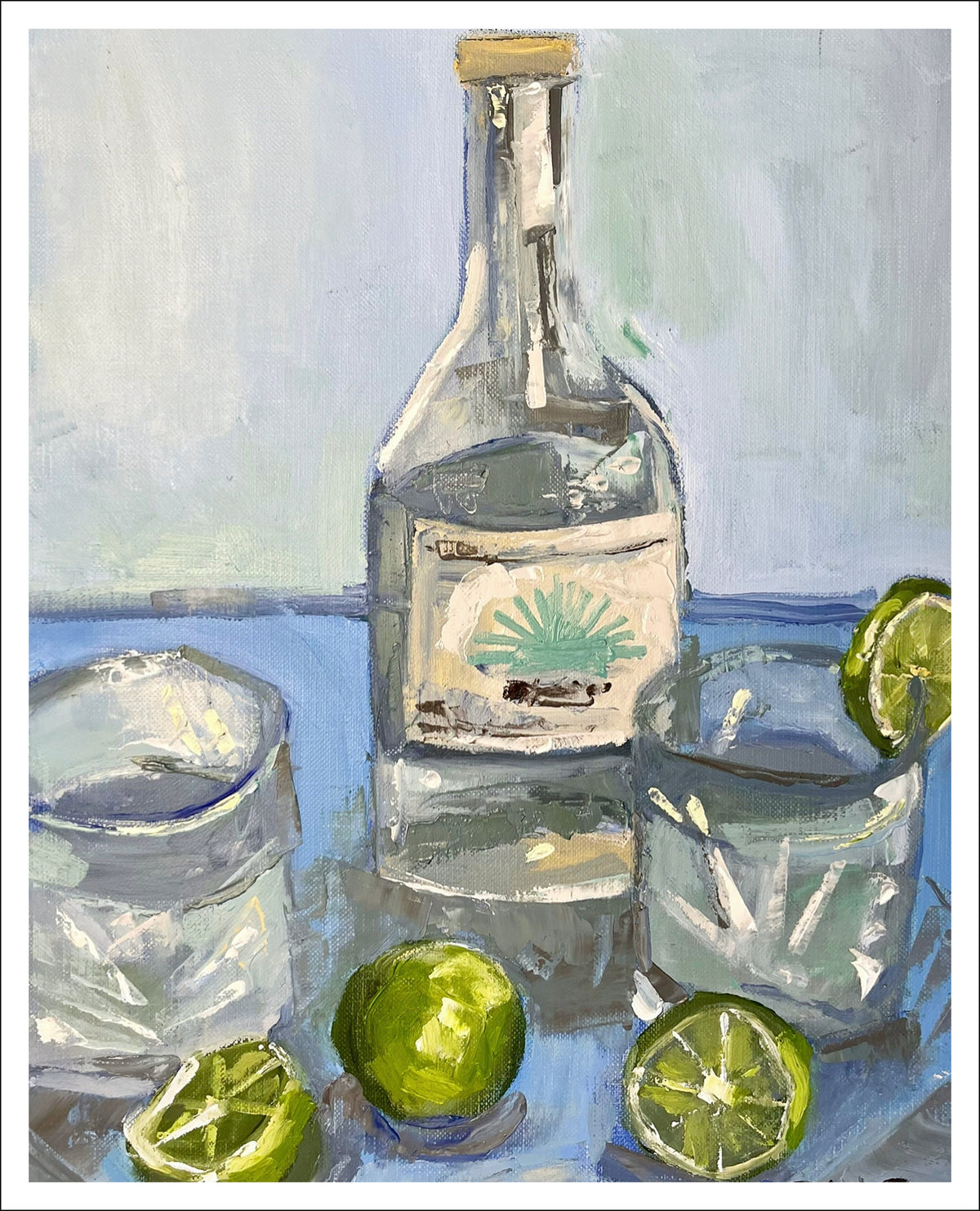 Casamigo fine art print by Caroline Sherrer, featuring a tequila bottle, glasses, and lime wedges. Dominant colors include blue, green, charcoal, and white.