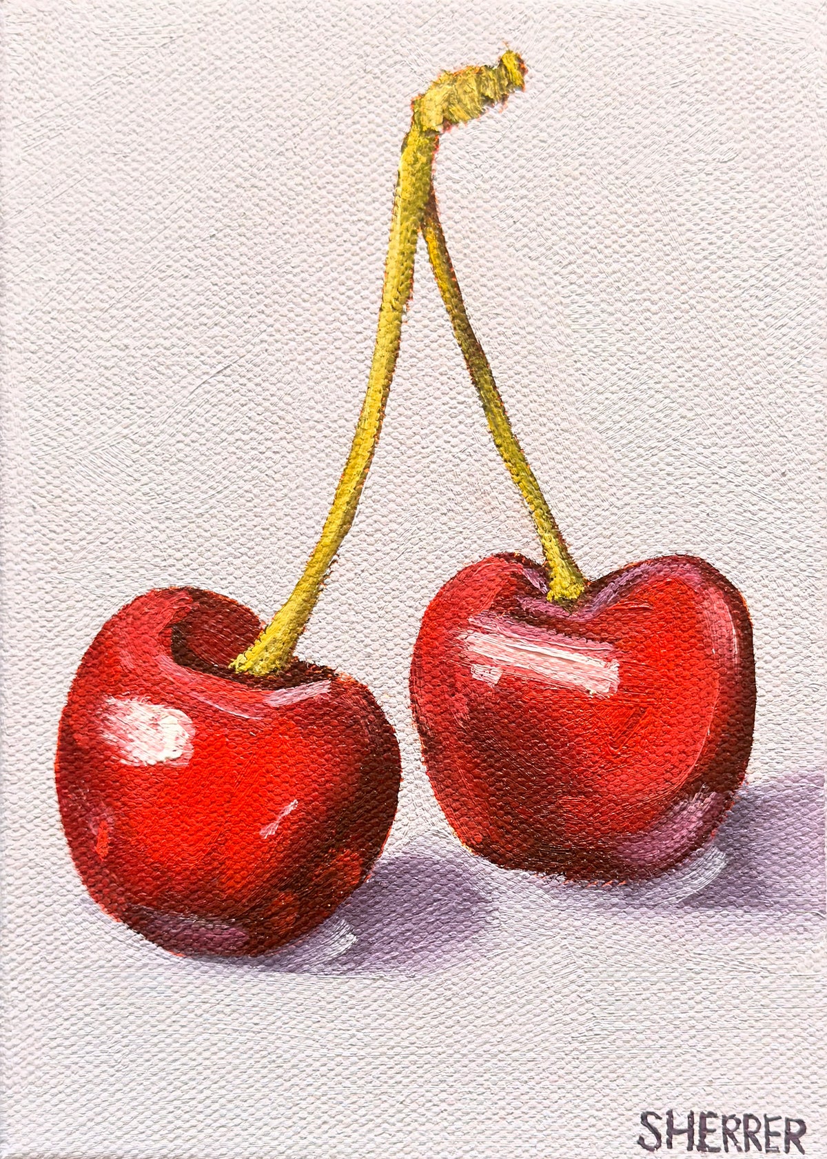 Double Take, original oil painting by Caroline Sherrer, featuring two cherries resting on a gray purple background.