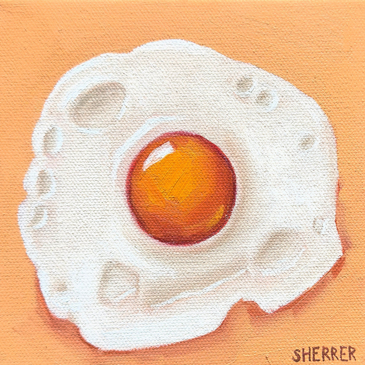 Egg-straodinary, original oil painting by Caroline Sherrer, featuring a sunny-side-up fried egg on an orange background.
