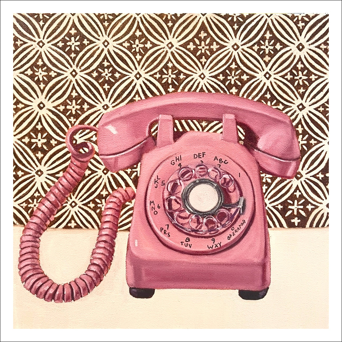 Pink Phone fine art print by Caroline Sherrer, featuring a light pink vintage rotary phone on a brown and white geometric patterned background.