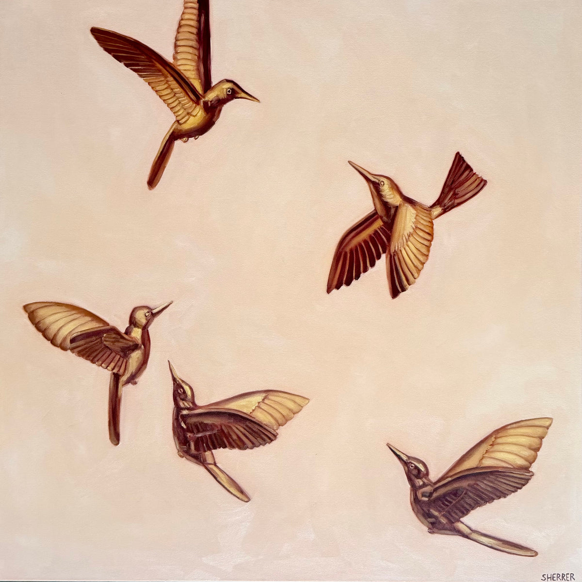 In Flight, original oil painting by Caroline Sherrer, featuring five brass hummingbirds in flight against a pale pink background.
