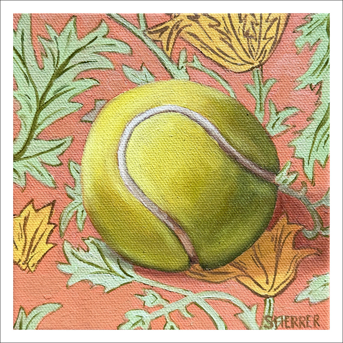 Deuce fine art print by Caroline Sherrer, featuring one yellow-green tennis ball on a coral textile with a yellow and green botanical print.