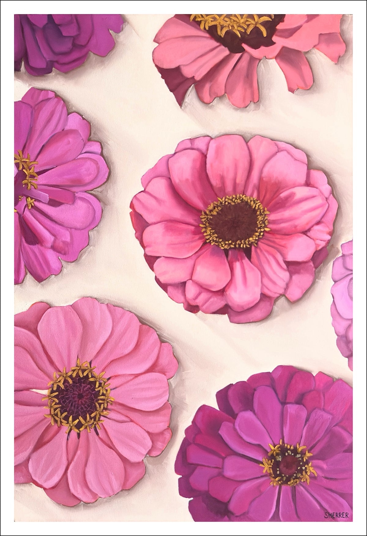 Garden Party I fine art print by Caroline Sherrer, featuring layered zinnia blossoms scattered across a tan background. The zinnias cast a soft shadow onto the background.