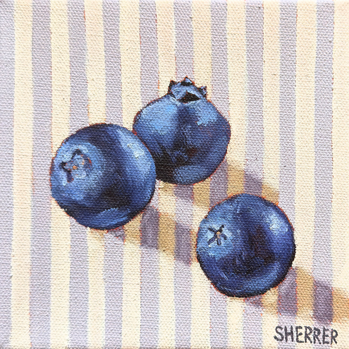 Lavender Lines, original oil painting by Caroline Sherrer, featuring three ripe blueberries resting on a lavender and white striped background.
