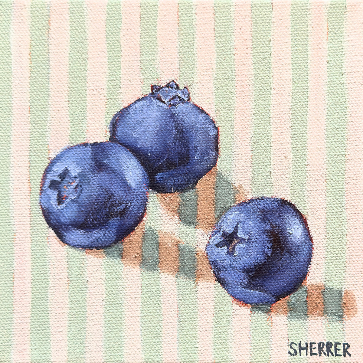 Little Moments, original oil painting by Caroline Sherrer, featuring three ripe blueberries resting on a mint green and white striped background.