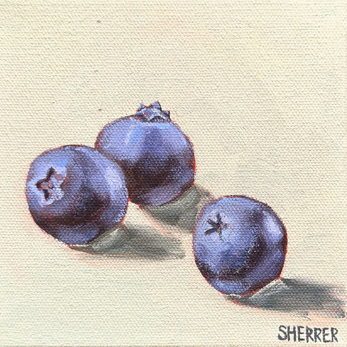 Mint Market, original oil painting by Caroline Sherrer, featuring three ripe blueberries resting on a mint green background.