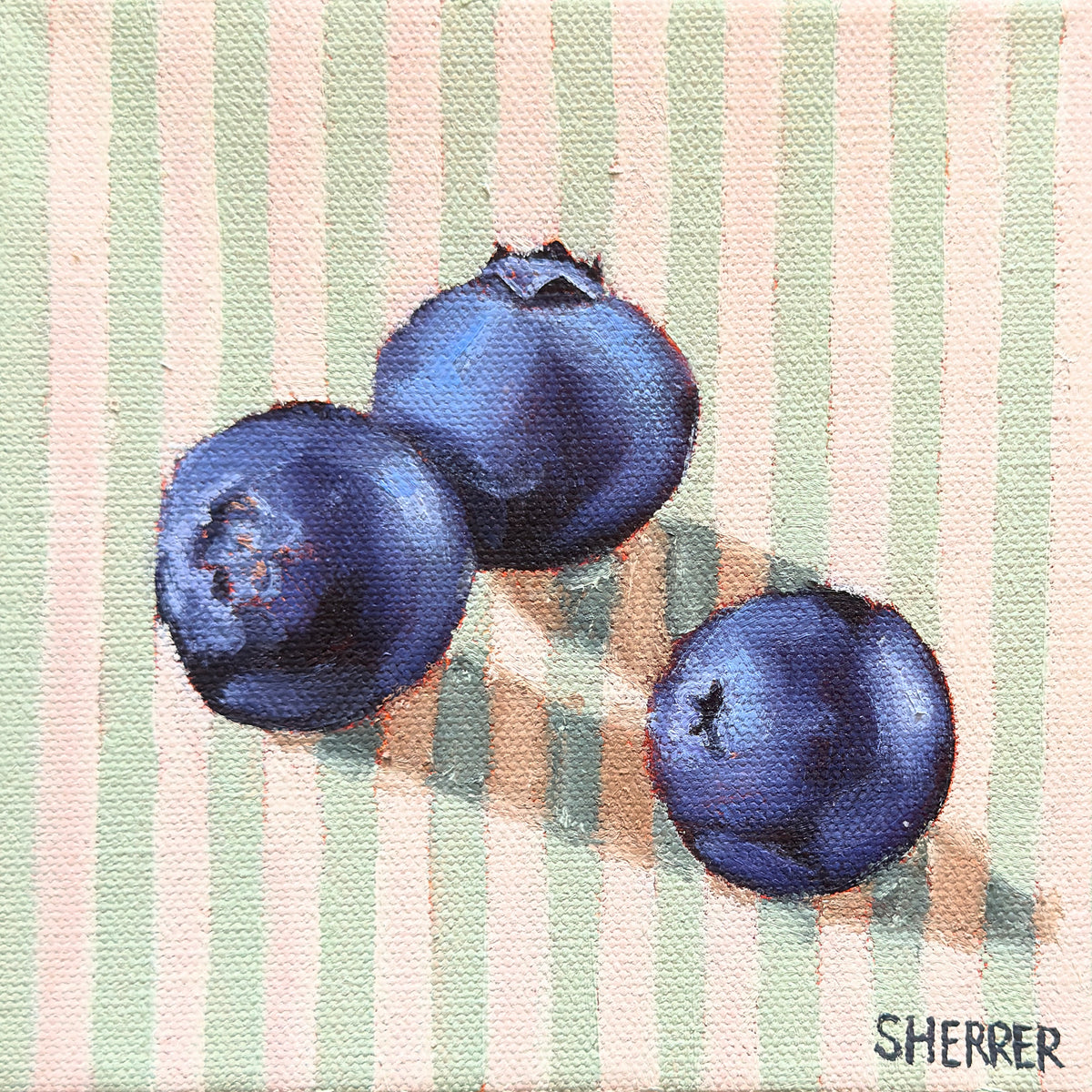 Mint Melody, original oil painting by Caroline Sherrer, featuring three ripe blueberries resting on a mint green and white striped background.