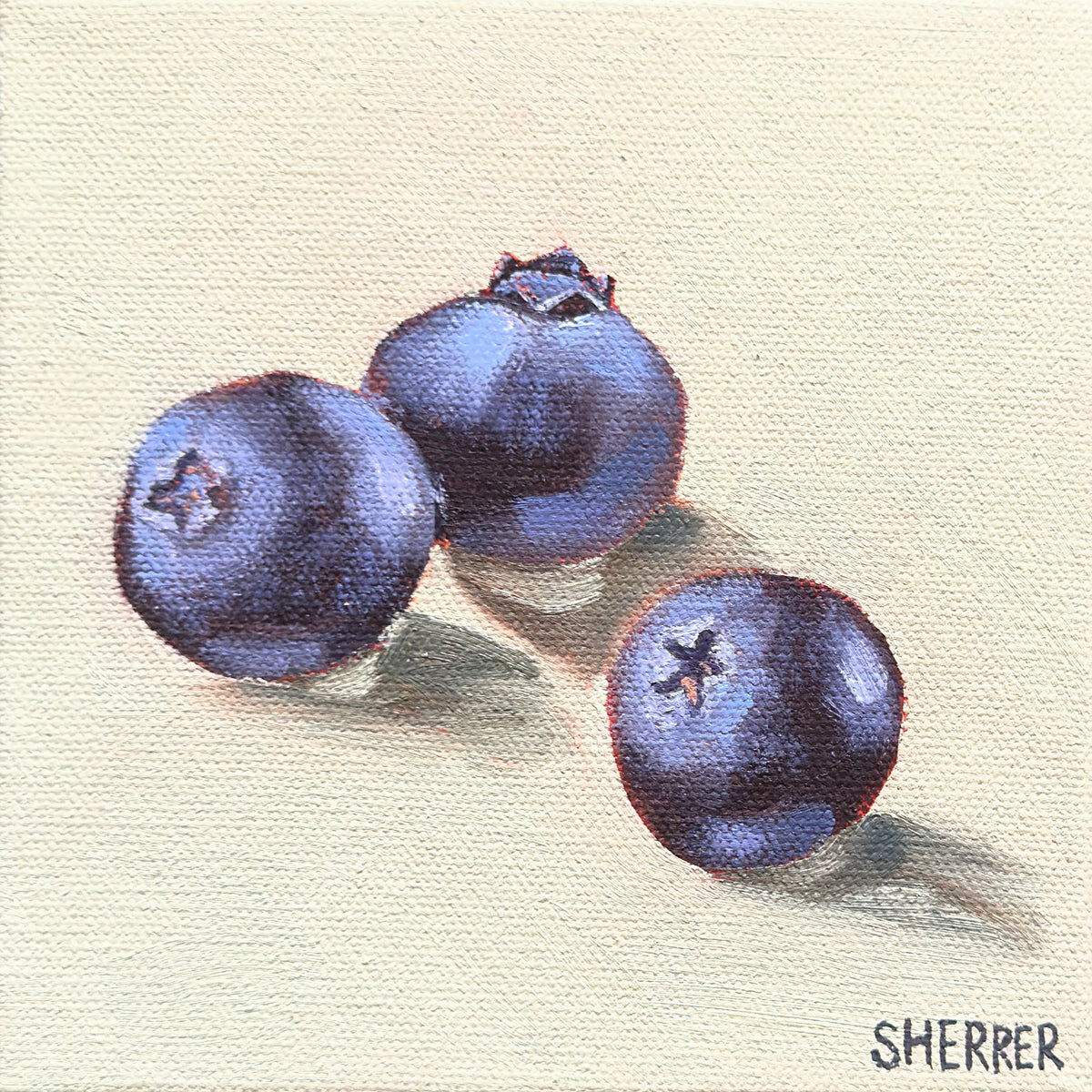 Mint Condition, original oil painting by Caroline Sherrer, featuring three ripe blueberries resting on a mint green background.