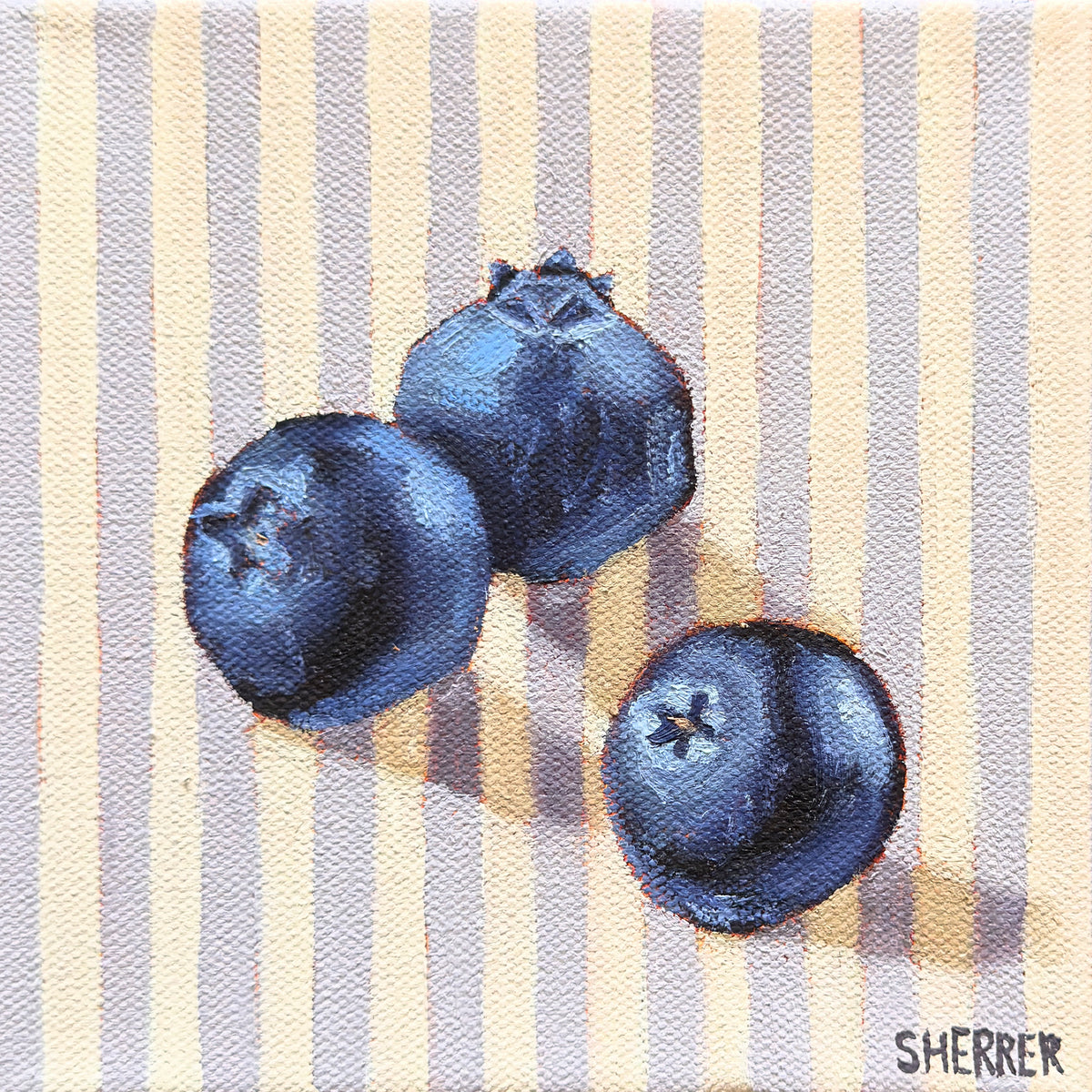 Summer Repeat, original oil painting by Caroline Sherrer, featuring three ripe blueberries resting on a lavender and white striped background.