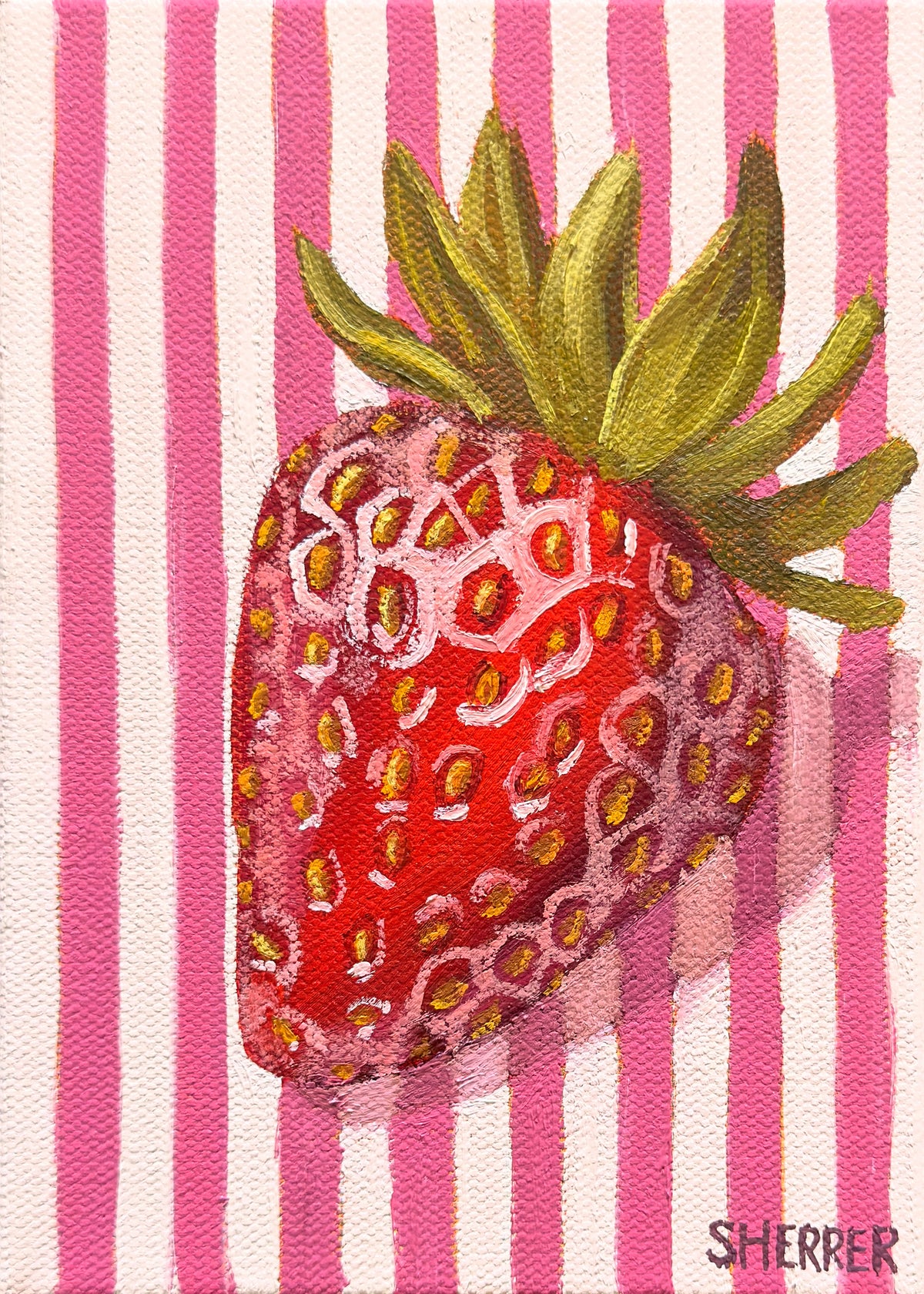 Sweet Season, original oil painting by Caroline Sherrer, featuring one red strawberry with green leaves on a pink and white striped background.