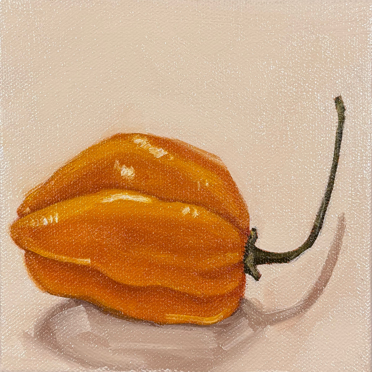Too Hot to Handle, original oil painting by Caroline Sherrer, featuring an orange habanero pepper on a tan background.